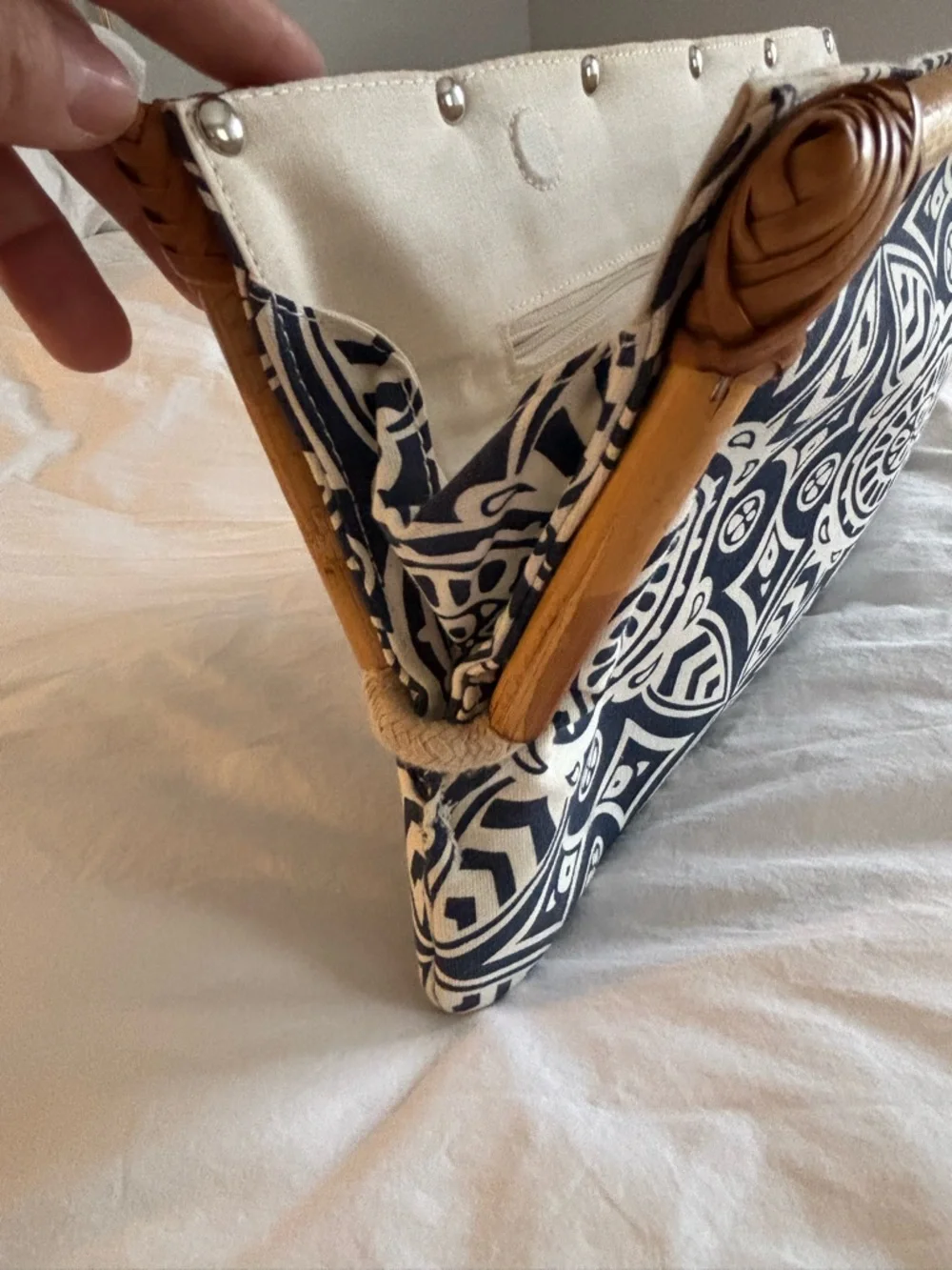 Navy and White Geometric Bamboo Frame Clutch - Picture 3 of 5